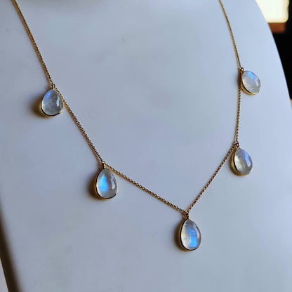 Natural Rainbow Moonstone Necklace, 14K Solid Gold Moonstone Necklace, Yellow Gold Chain Necklace, Blue Moonstone Jewelry, June Birthstone