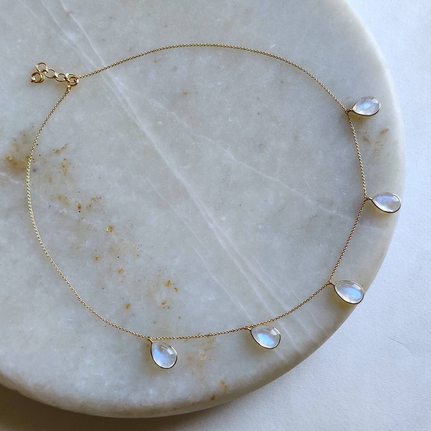 Natural Rainbow Moonstone Necklace, 14K Solid Gold Moonstone Necklace, Yellow Gold Chain Necklace, Blue Moonstone Jewelry, June Birthstone