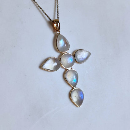 Natural Rainbow Moonstone Pendant, 14K Solid Yellow Gold Moonstone Pendant, Holy Cross Pendant, June Birthstone Pendant, Moonstone Jewelry