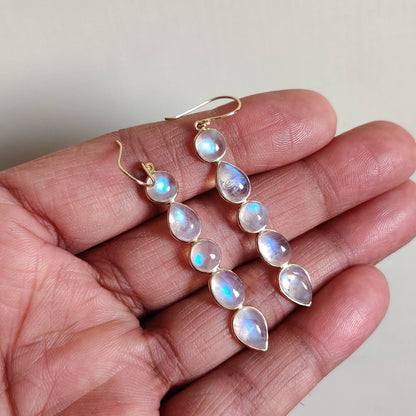 Natural Rainbow Moonstone Earrings, 14K Solid Yellow Gold Earrings, June Birthstone, Bezel Earrings, Moonstone Jewelry, Christmas Gift