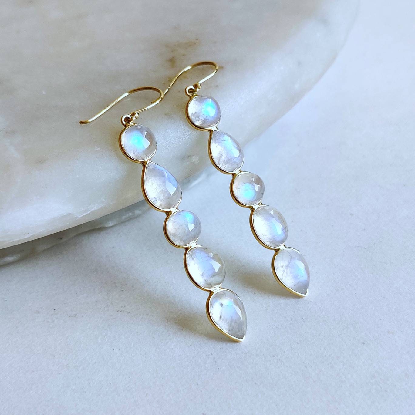 Natural Rainbow Moonstone Earrings, 14K Solid Yellow Gold Earrings, June Birthstone, Bezel Earrings, Moonstone Jewelry, Christmas Gift