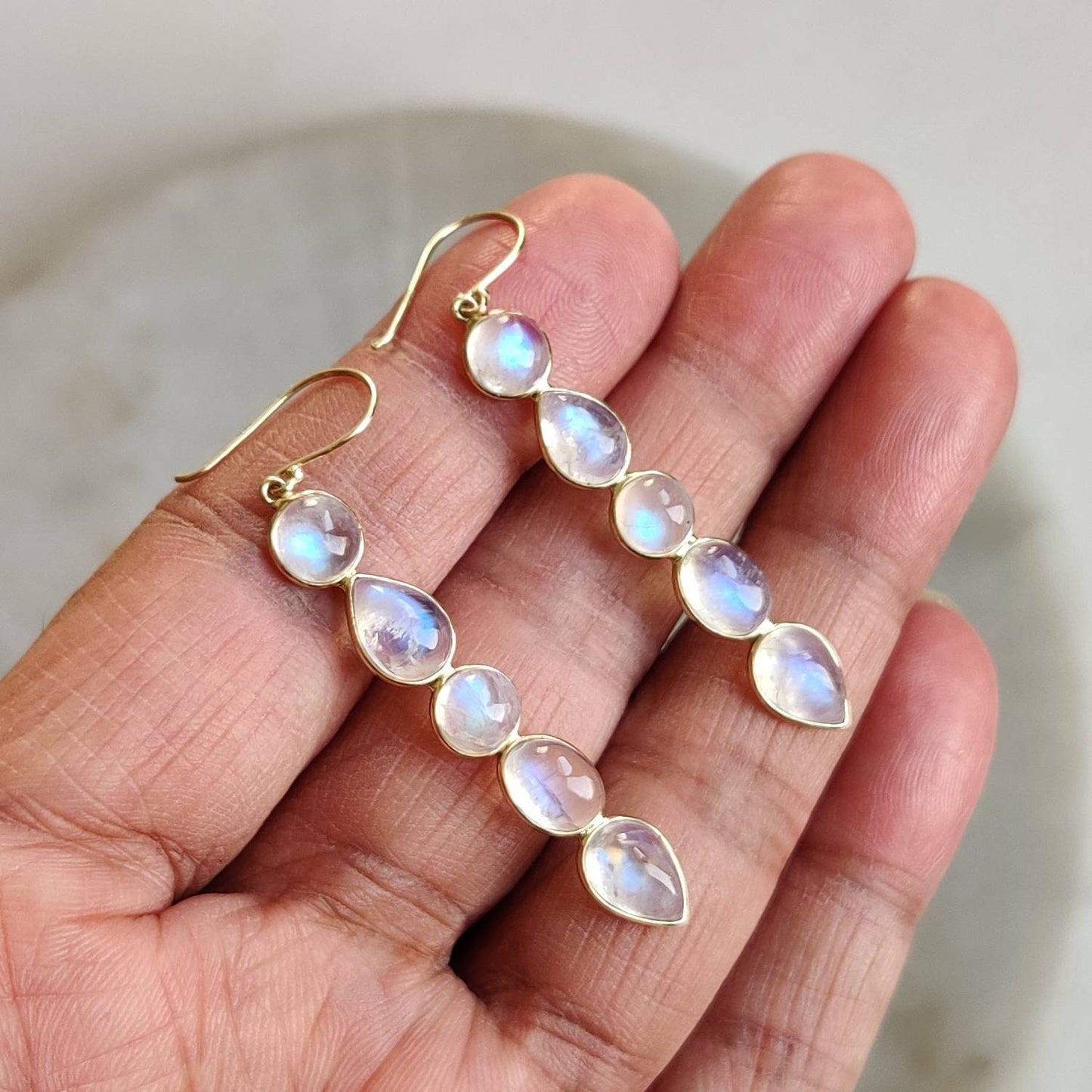 Natural Rainbow Moonstone Earrings, 14K Solid Yellow Gold Earrings, June Birthstone, Bezel Earrings, Moonstone Jewelry, Christmas Gift