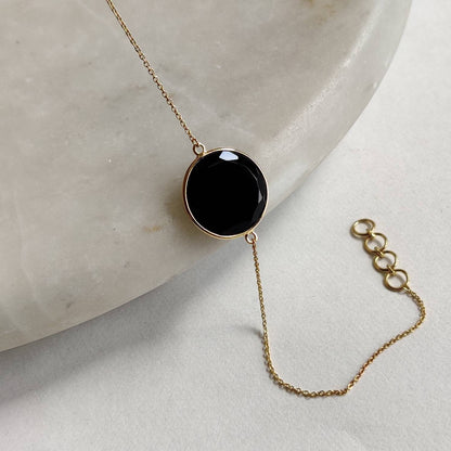 Natural Black Onyx Bracelet, 14K Yellow Gold Black Onyx Bracelet, Black Onyx Chain Bracelet, Dainty Bracelet, December Birthstone