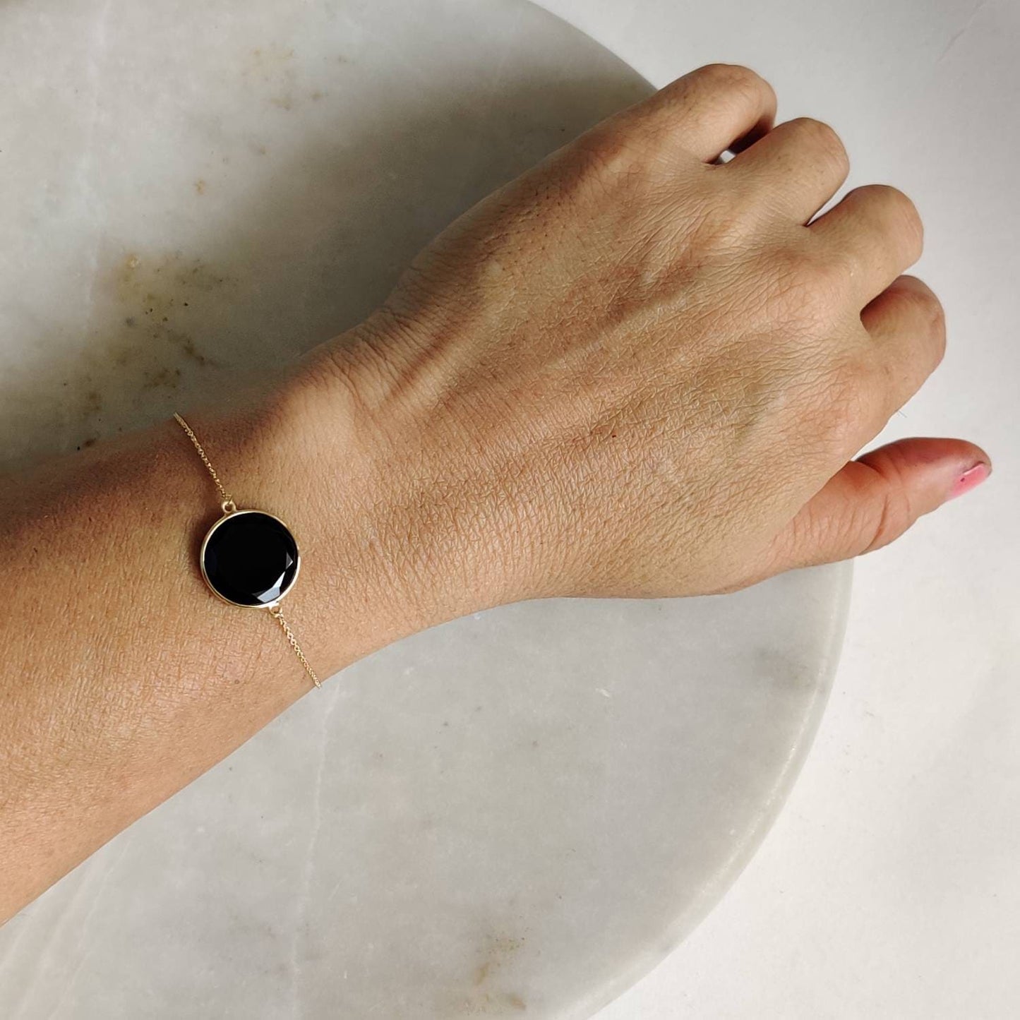 Natural Black Onyx Bracelet, 14K Yellow Gold Black Onyx Bracelet, Black Onyx Chain Bracelet, Dainty Bracelet, December Birthstone