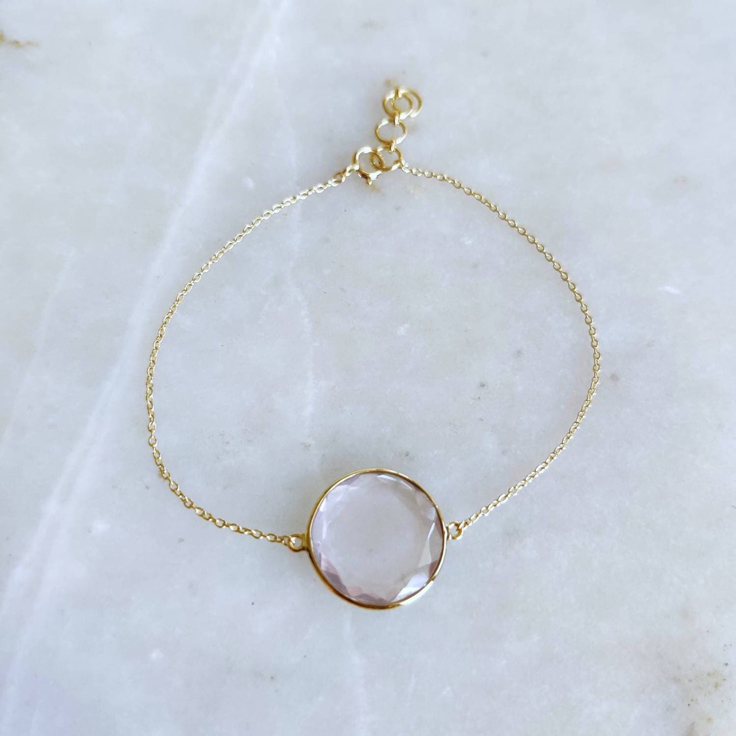 Natural Rose Quartz Bracelet, 14K Yellow Gold Rose Quartz Bracelet, Quartz Chain Bracelet, Dainty Gemstone Bracelet, January Birthstone