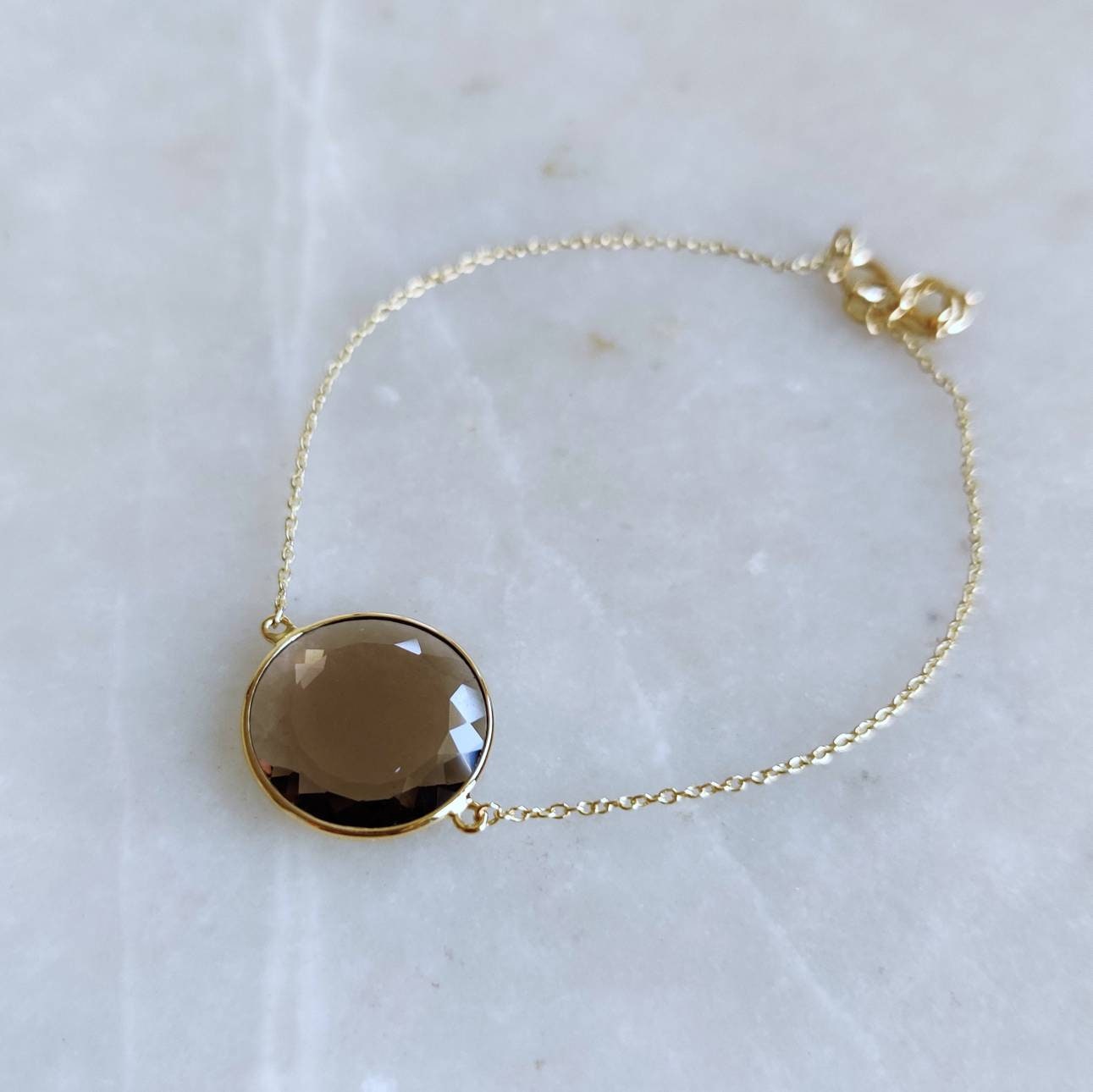 Natural Smoky Quartz Bracelet, 14K Yellow Gold Smoky Quartz Bracelet, Quartz Chain Bracelet, Dainty Gemstone Bracelet, June Birthstone