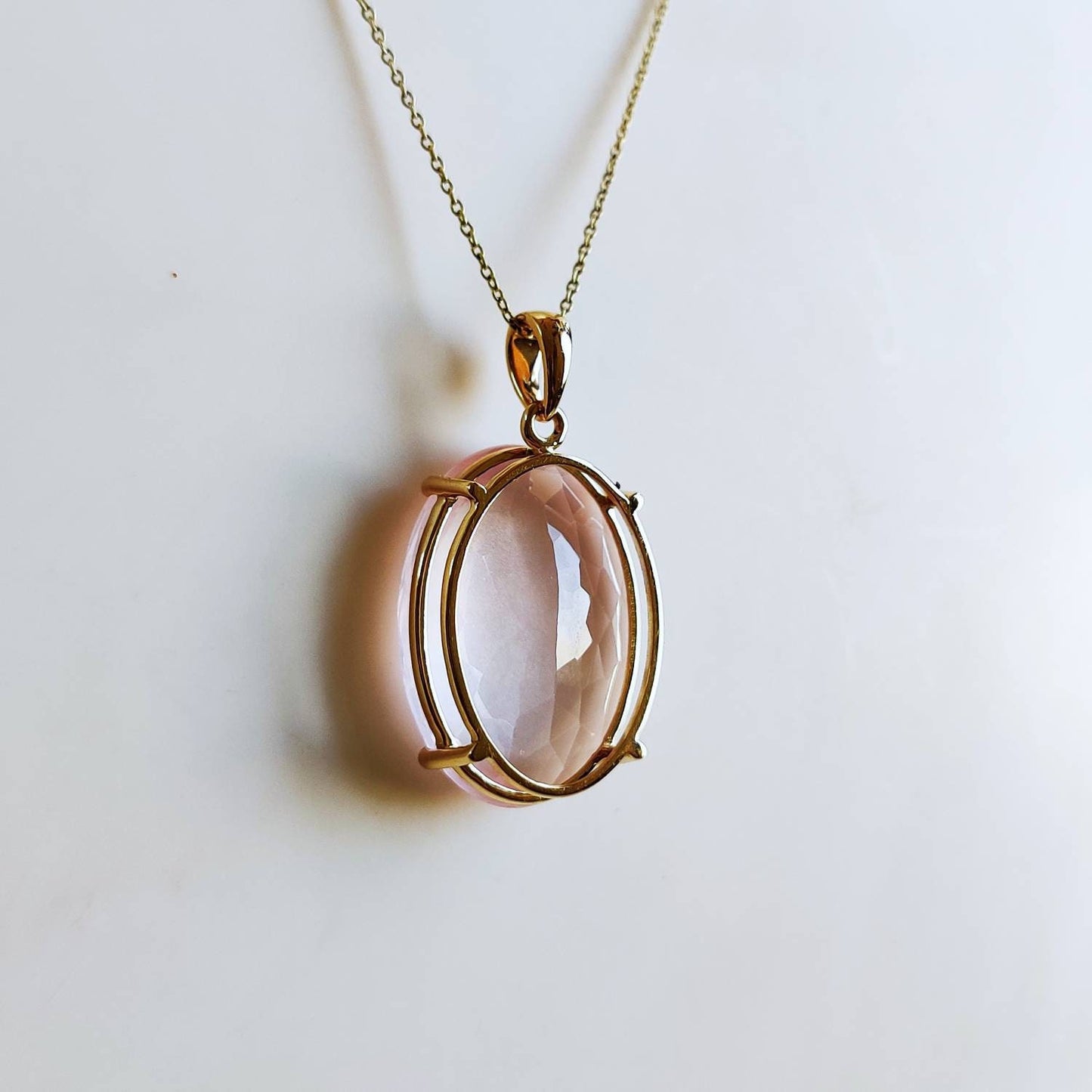 Colgante de cuarzo rosa natural, colgante de cuarzo rosa de oro macizo de 14 quilates, piedra natal de enero, regalo de Navidad, joyería de cuarzo rosa, colgante de punta