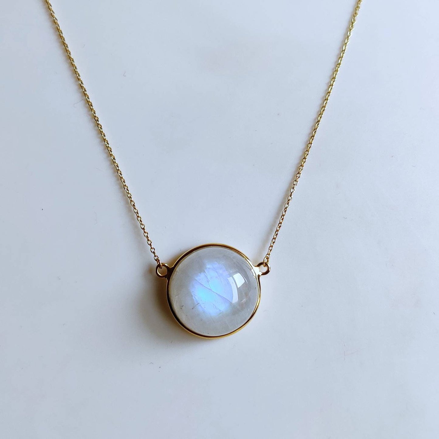 Natural Rainbow Moonstone Necklace, 14K Solid Gold Moonstone Pendant, Yellow Gold Necklace Pendant, Blue Moonstone Jewelry, June Birthstone