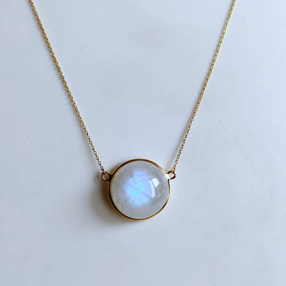 Natural Rainbow Moonstone Necklace, 14K Solid Gold Moonstone Pendant, Yellow Gold Necklace Pendant, Blue Moonstone Jewelry, June Birthstone