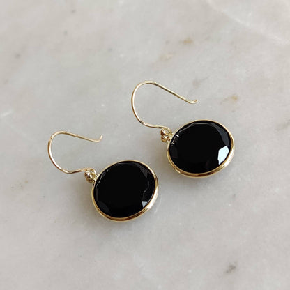 Pendientes de ónix negro en oro de 14 quilates, pendientes de ónix negro natural, pendientes de oro amarillo macizo de 14 quilates, piedra natal de diciembre, regalo de Navidad, pendientes con bisel