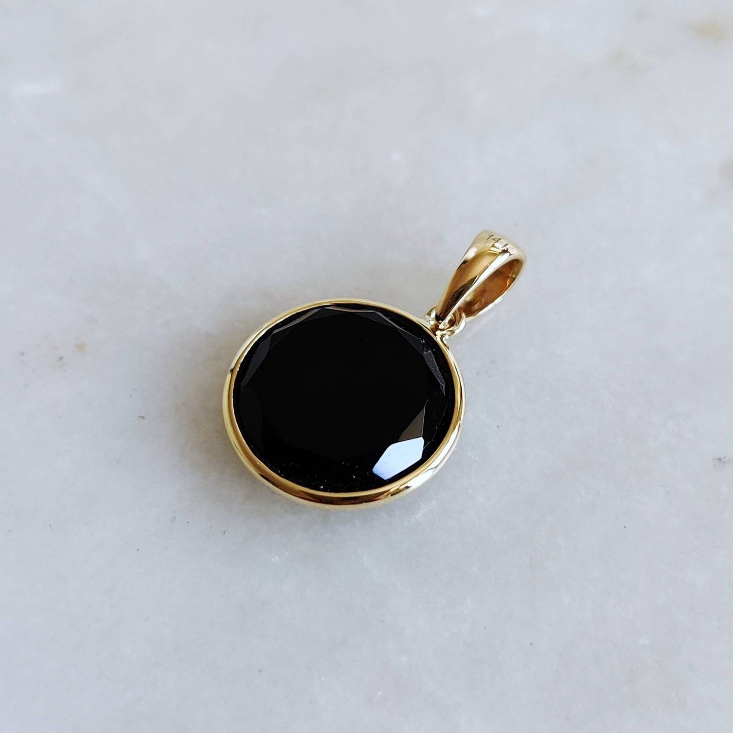 Natural Black Onyx Pendant, 14K Solid Yellow Gold Black Onyx Pendant, Bezel Pendant, December Birthstone, Christmas Gift, Round Pendant