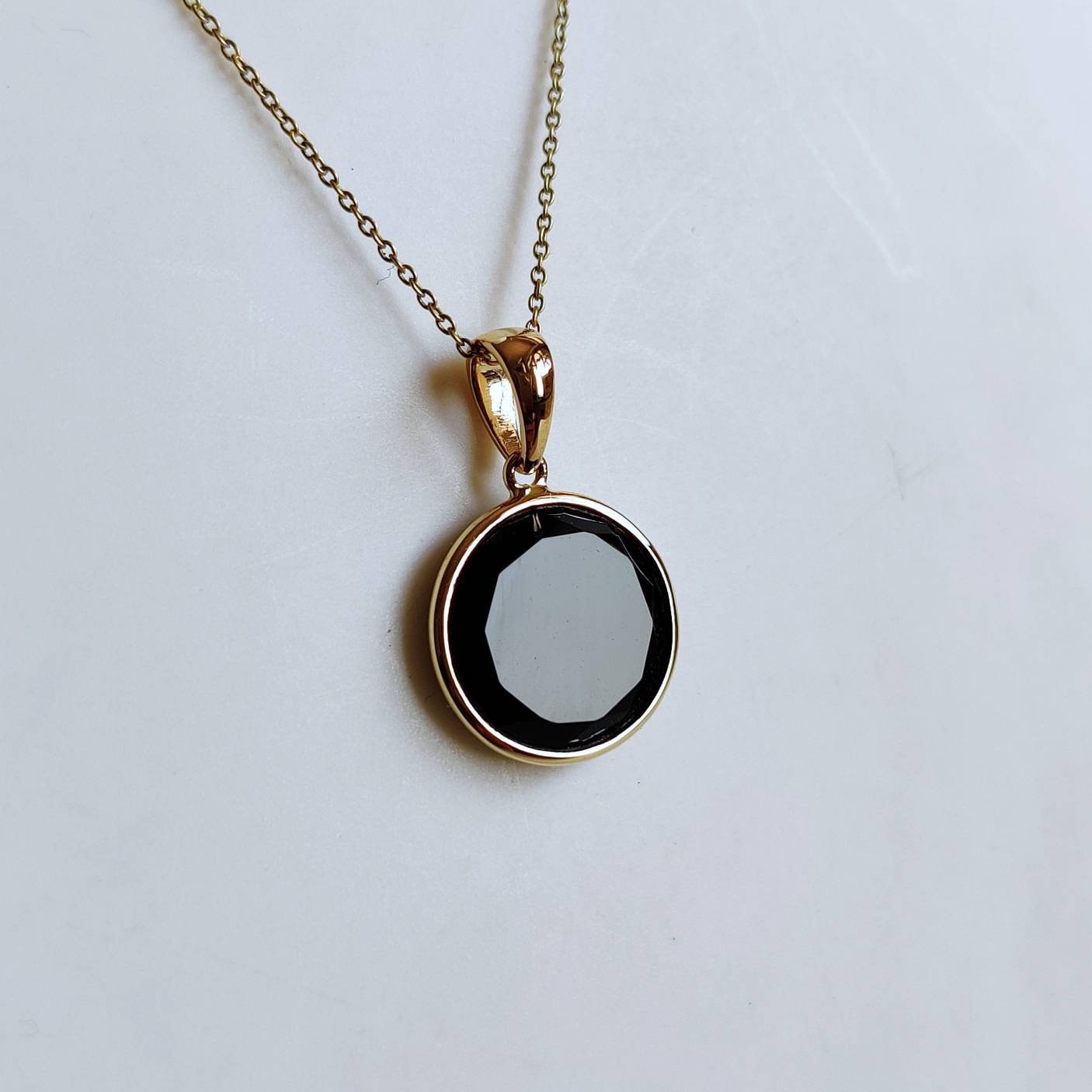 Natural Black Onyx Pendant, 14K Solid Yellow Gold Black Onyx Pendant, Bezel Pendant, December Birthstone, Christmas Gift, Round Pendant