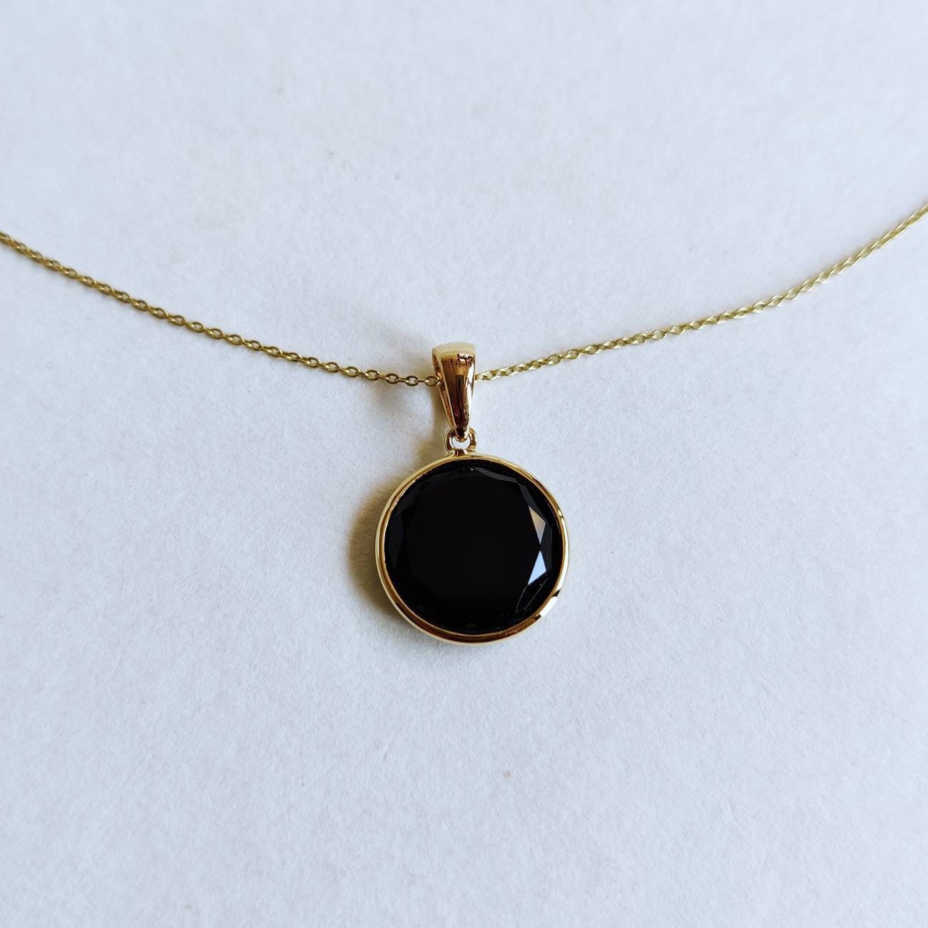 Natural Black Onyx Pendant, 14K Solid Yellow Gold Black Onyx Pendant, Bezel Pendant, December Birthstone, Christmas Gift, Round Pendant