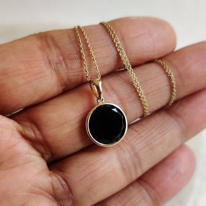 Natural Black Onyx Pendant, 14K Solid Yellow Gold Black Onyx Pendant, Bezel Pendant, December Birthstone, Christmas Gift, Round Pendant