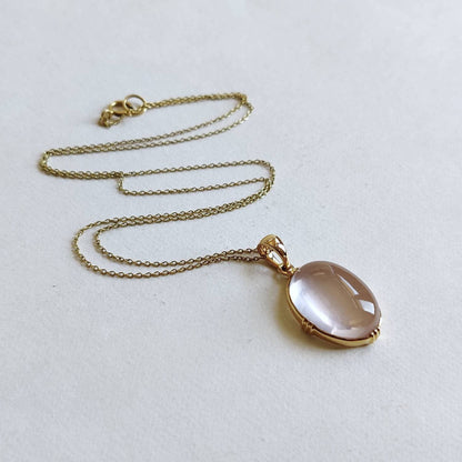 Natural Rose Quartz Pendant, 14K Solid Gold Rose Quartz Pendant, Solid Gold Bezel Pendant Necklace, January Birthstone, Christmas Gift