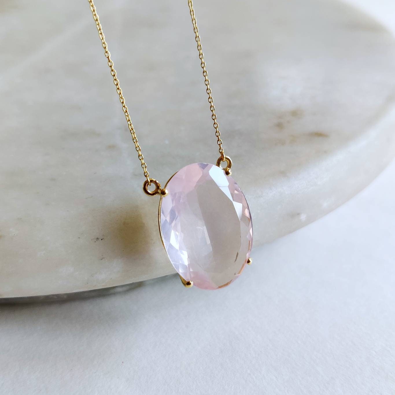 Natural Rose Quartz Pendant, 14K Solid Gold Rose Quartz Pendant, Solid Gold Prong Pendant Necklace, January Birthstone, Christmas Gift