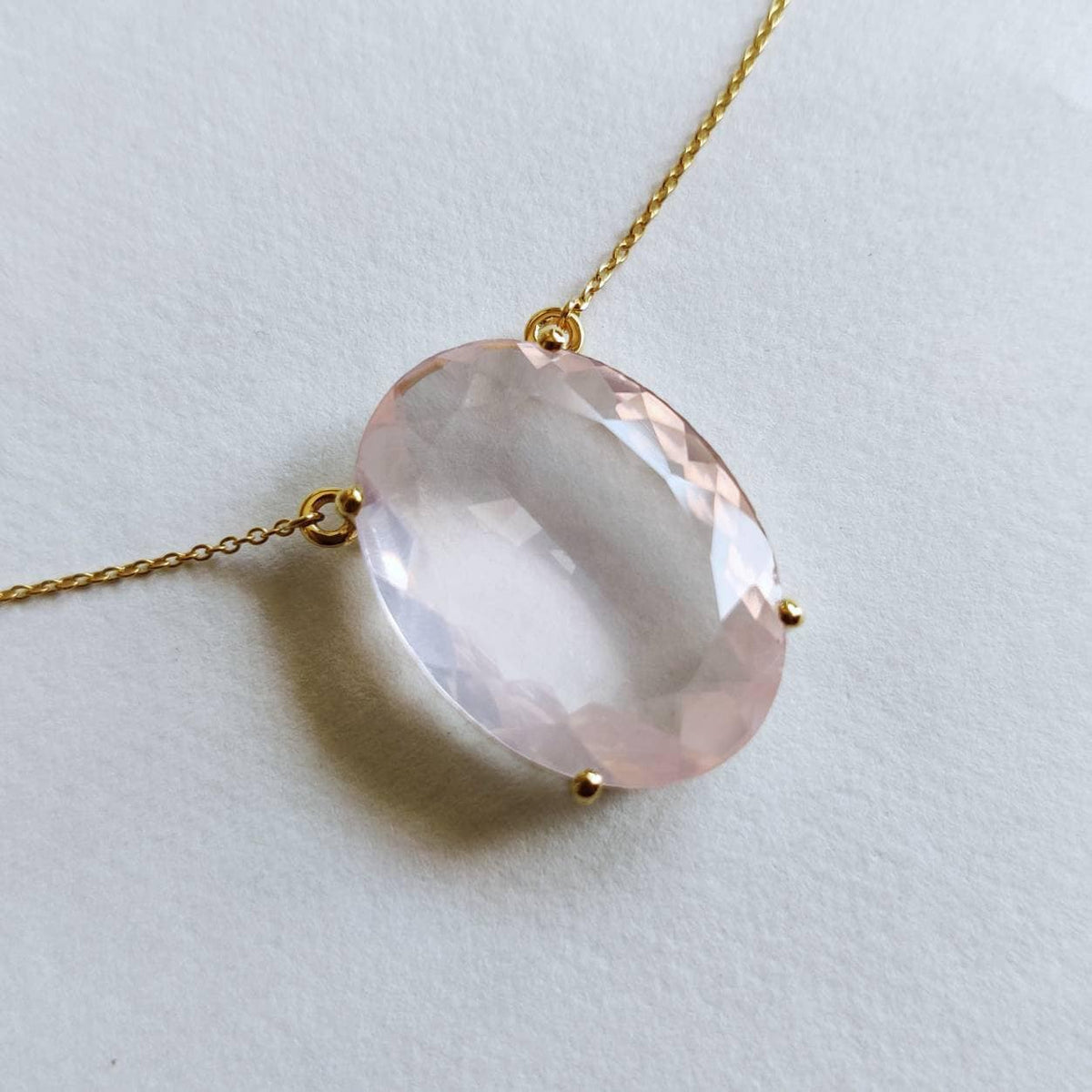 14K Solid Gold Natural Rose Quartz Pendant Necklace, January Birthstone