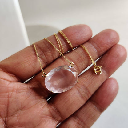 Natural Rose Quartz Necklace, 14K Solid Yellow Gold Rose Quartz Pendant, January Birthstone Pendant, Christmas Present