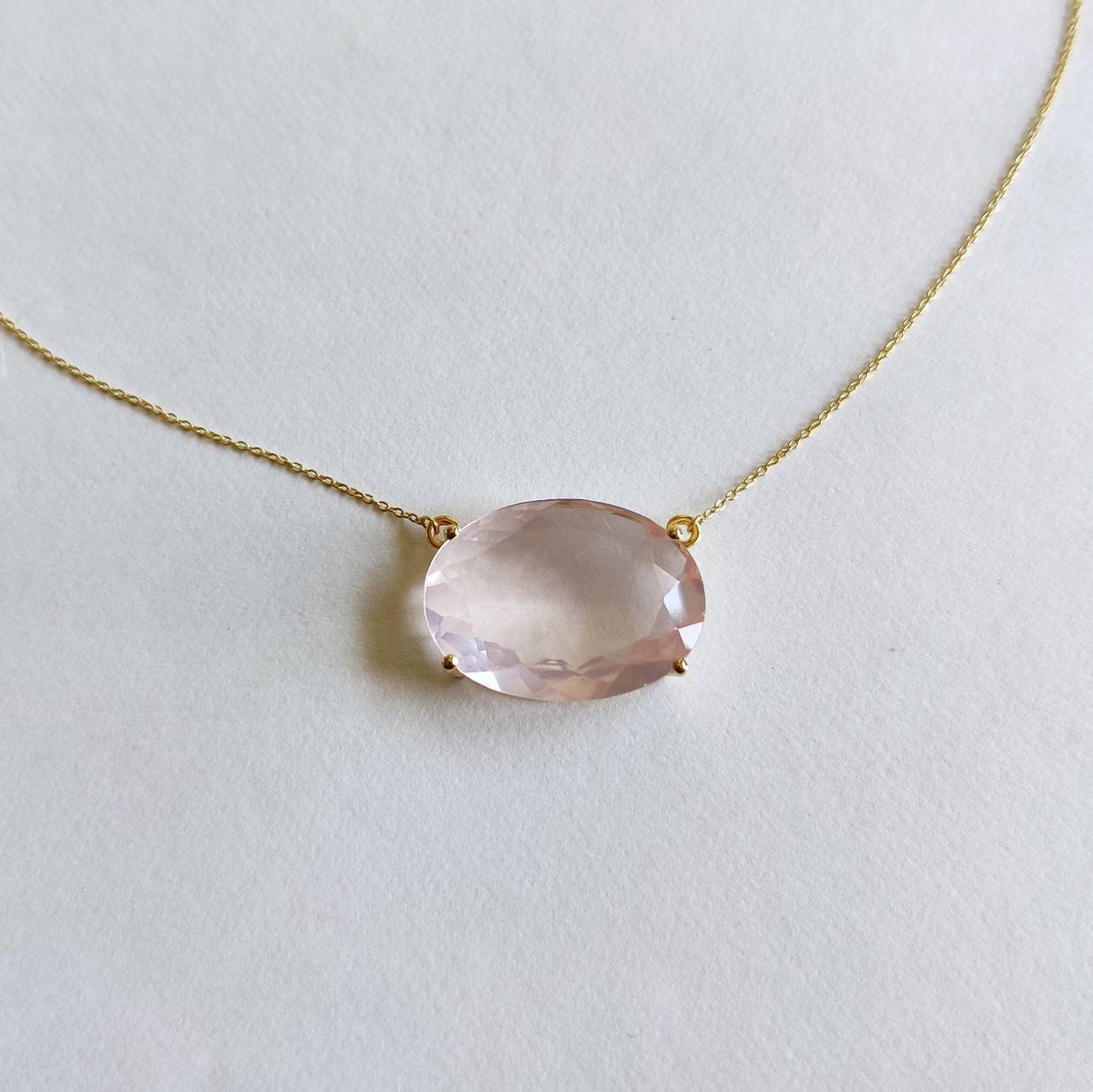 Natural Rose Quartz Necklace, 14K Solid Yellow Gold Rose Quartz Pendant, January Birthstone Pendant, Christmas Present