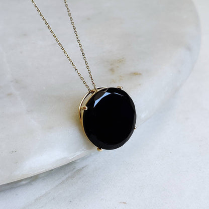 Natural Black Onyx Pendant, 14K Solid Yellow Gold Black Onyx Pendant, Solid Gold Necklace Pendant, December Birthstone, Christmas Gift