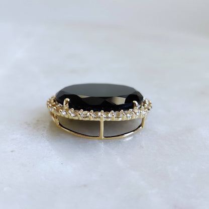 Natural Black Onyx & White Topaz Pendant, 14K Solid Gold Black Onyx White Topaz Pendant, December Birthstone, Christmas Gift, Round Pendant