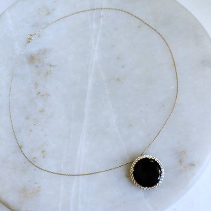 Natural Black Onyx & White Topaz Pendant, 14K Solid Gold Black Onyx White Topaz Pendant, December Birthstone, Christmas Gift, Round Pendant