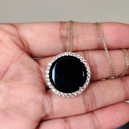 Natural Black Onyx & White Topaz Pendant, 14K Solid Gold Black Onyx White Topaz Pendant, December Birthstone, Christmas Gift, Round Pendant