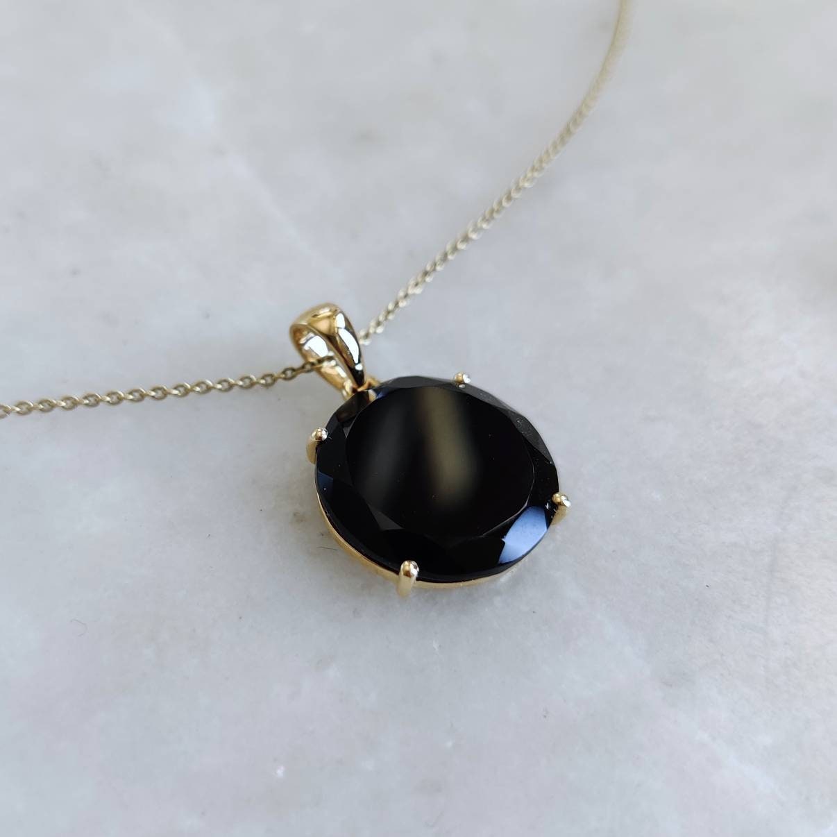 Natural Black Onyx Pendant, 14K Solid Yellow Gold Black Onyx Pendant, December Birthstone Pendant, Black Onyx Jewelry, Christmas Present