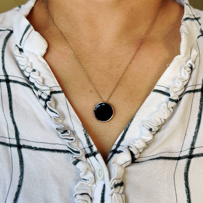 Natural Black Onyx Pendant, 14K Solid Gold Black Onyx Pendant, Round Pendant, December Birthstone, Christmas Gift, Black Onyx Jewelry