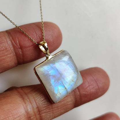 Natural Rainbow Moonstone Pendant, 14K Solid Yellow Gold Moonstone Pendant, Moonstone Jewelry, June Birthstone Pendant, Christmas Present