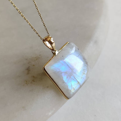 Natural Rainbow Moonstone Pendant, 14K Solid Yellow Gold Moonstone Pendant, Moonstone Jewelry, June Birthstone Pendant, Christmas Present