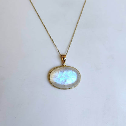 Natural Rainbow Moonstone Necklace, 14K Solid Gold Moonstone Pendant, Yellow Gold Necklace Pendant, Blue Moonstone Jewelry, June Birthstone