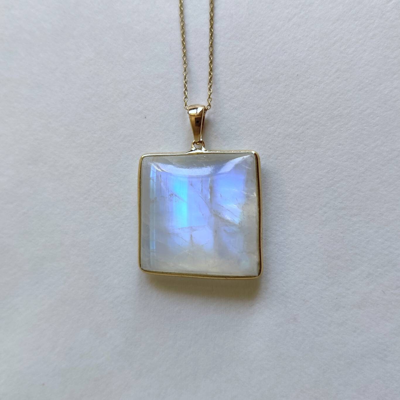 Natural Rainbow Moonstone Pendant, 14K Solid Yellow Gold Pendant, Blue Moonstone Pendant, June Birthstone Pendant, Christmas Present