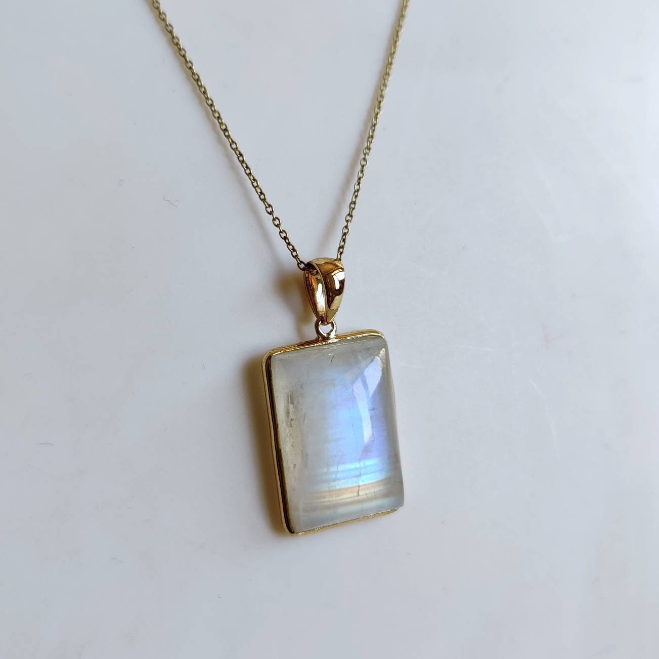 Natural Rainbow Moonstone Necklace, 14K Solid Gold Moonstone Pendant, Yellow Gold Necklace Pendant, Blue Moonstone Jewelry, June Birthstone