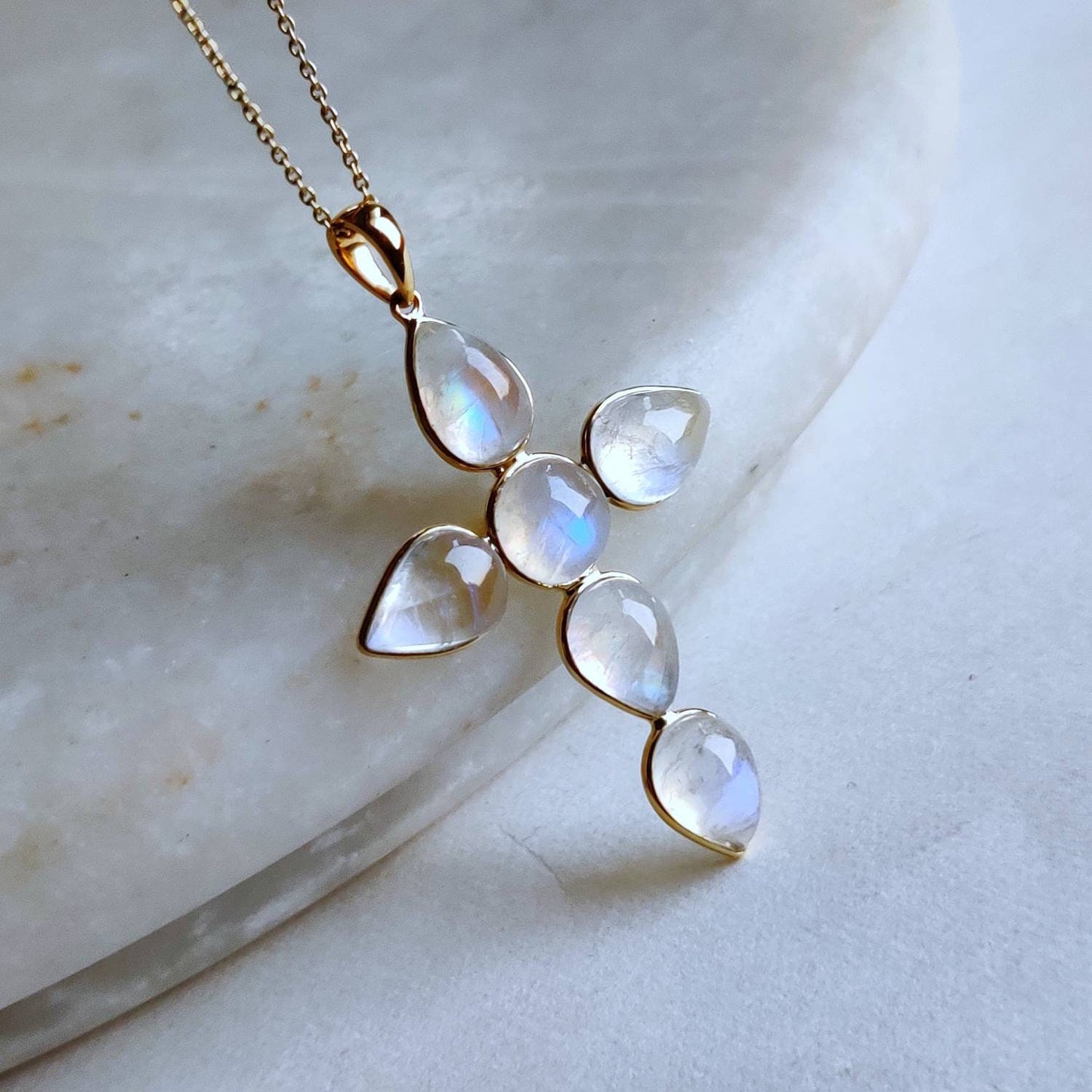 Natural Rainbow Moonstone Pendant, 14K Solid Yellow Gold Moonstone Pendant, Holy Cross Pendant, June Birthstone Pendant, Moonstone Jewelry