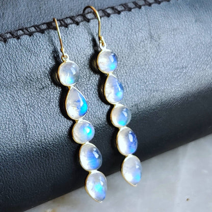 Natural Rainbow Moonstone Earrings, 14K Solid Yellow Gold Earrings, June Birthstone, Bezel Earrings, Moonstone Jewelry, Christmas Gift