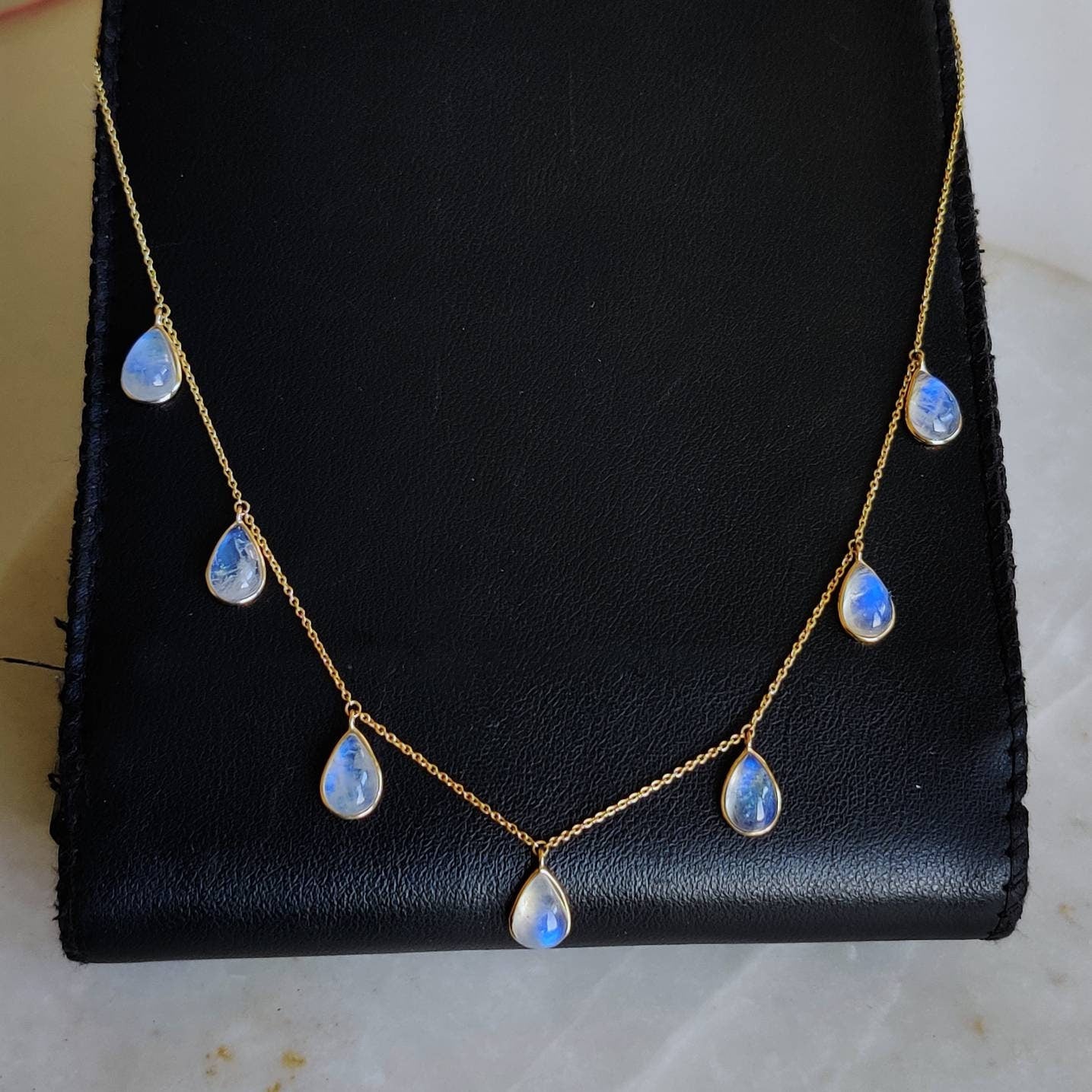 Natural Rainbow Moonstone Necklace, 14K Solid Gold Moonstone Necklace, Yellow Gold Chain Necklace, Blue Moonstone Jewelry, June Birthstone