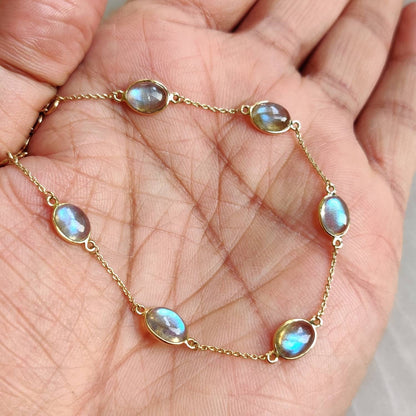 Natural Labradorite Bracelet, 14K Solid Yellow Gold Labradorite Bracelet, Chain Bracelet, Dainty Gemstone Bracelet, November Birthstone