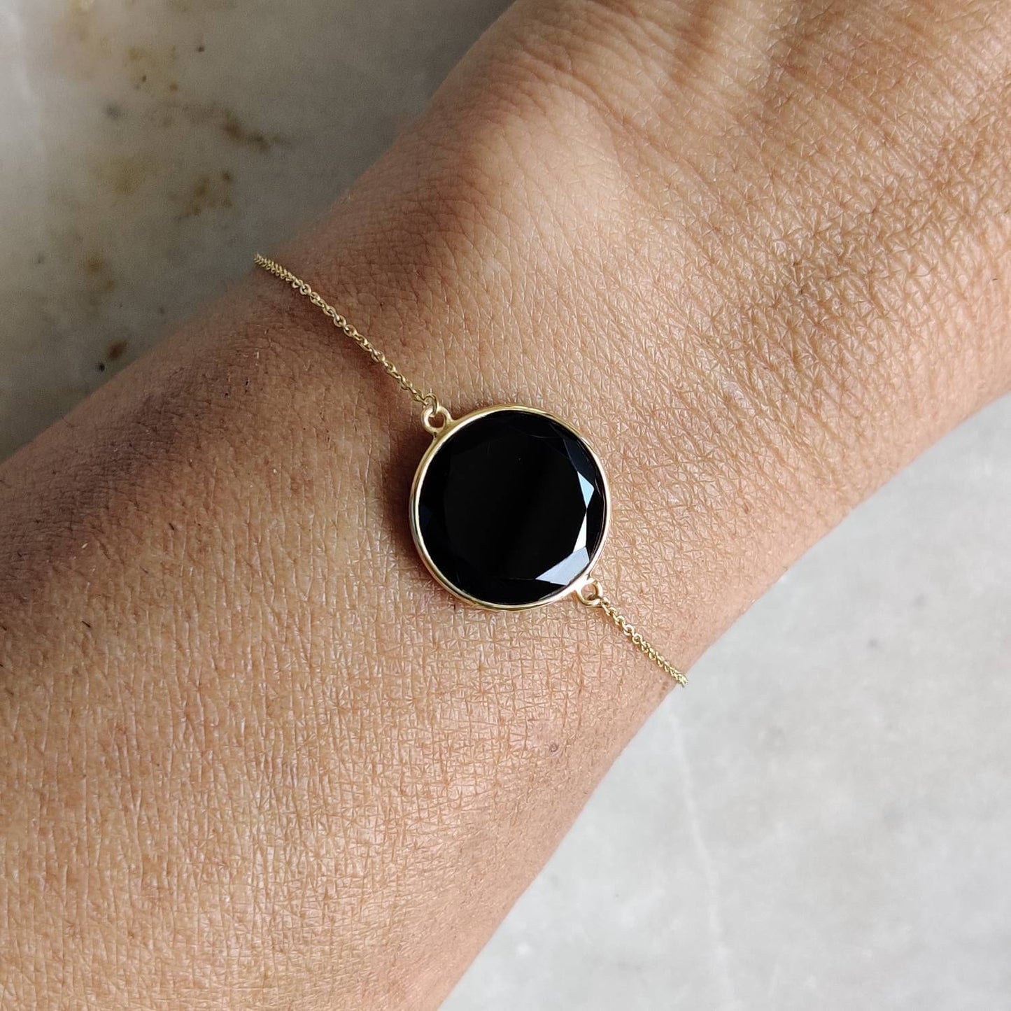 Natural Black Onyx Bracelet, 14K Yellow Gold Black Onyx Bracelet, Black Onyx Chain Bracelet, Dainty Bracelet, December Birthstone