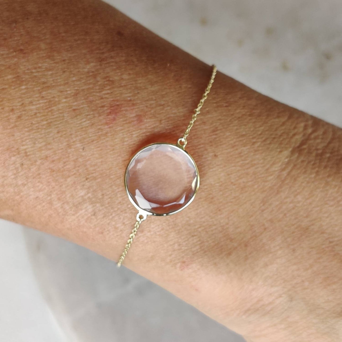 Natural Rose Quartz Bracelet, 14K Yellow Gold Rose Quartz Bracelet, Quartz Chain Bracelet, Dainty Gemstone Bracelet, January Birthstone