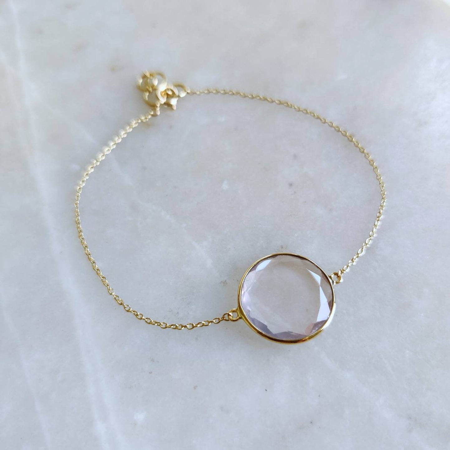 Natural Rose Quartz Bracelet, 14K Yellow Gold Rose Quartz Bracelet, Quartz Chain Bracelet, Dainty Gemstone Bracelet, January Birthstone