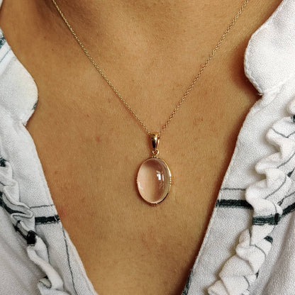 Natural Rose Quartz Pendant, 14K Solid Gold Rose Quartz Pendant, Solid Gold Bezel Pendant Necklace, January Birthstone, Christmas Gift