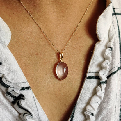 Natural Rose Quartz Pendant, 14K Solid Gold Rose Quartz Pendant, Solid Gold Bezel Pendant Necklace, January Birthstone, Christmas Gift