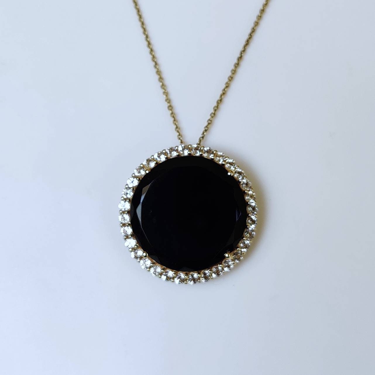 Natural Black Onyx & White Topaz Pendant, 14K Solid Gold Black Onyx White Topaz Pendant, December Birthstone, Christmas Gift, Round Pendant