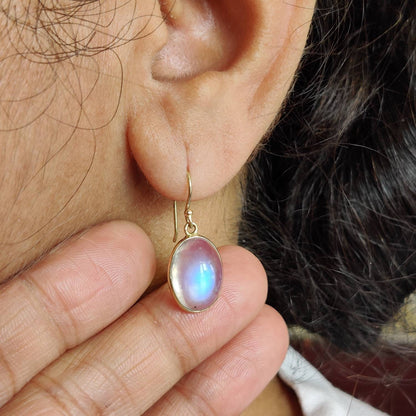 14K Gold Rainbow Moonstone Earrings, Natural Rainbow Moonstone Bezel Earrings, 14K Solid Yellow Gold Earring, June Birthstone, Drop Earrings