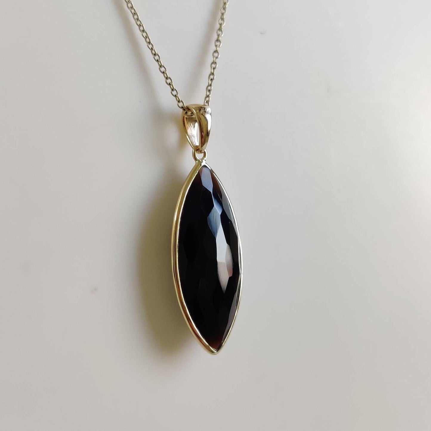 Natural Black Onyx Pendant, 14K Solid Gold Black Onyx Pendant, December Birthstone, Marquoise Pendant, Christmas Gift, Bezel Pendant