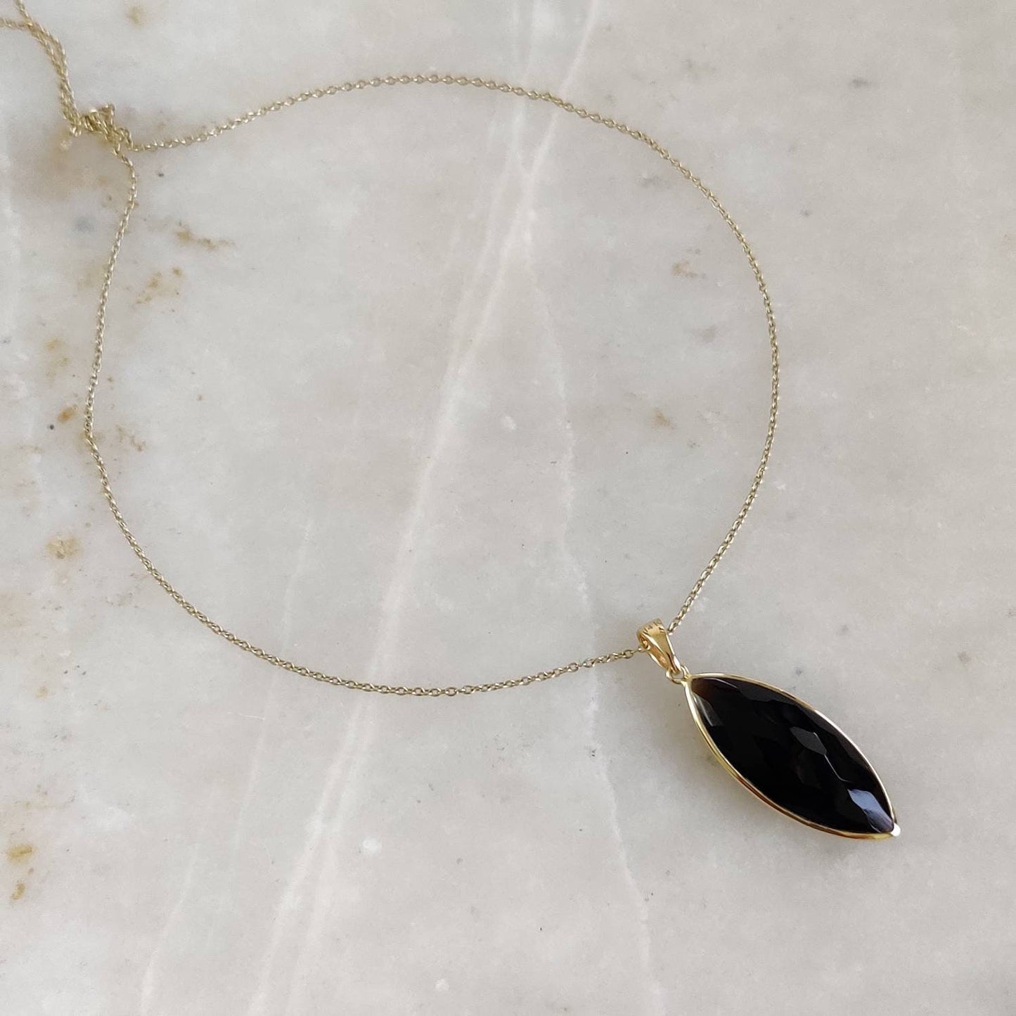 Natural Black Onyx Pendant, 14K Solid Gold Black Onyx Pendant, December Birthstone, Marquoise Pendant, Christmas Gift, Bezel Pendant