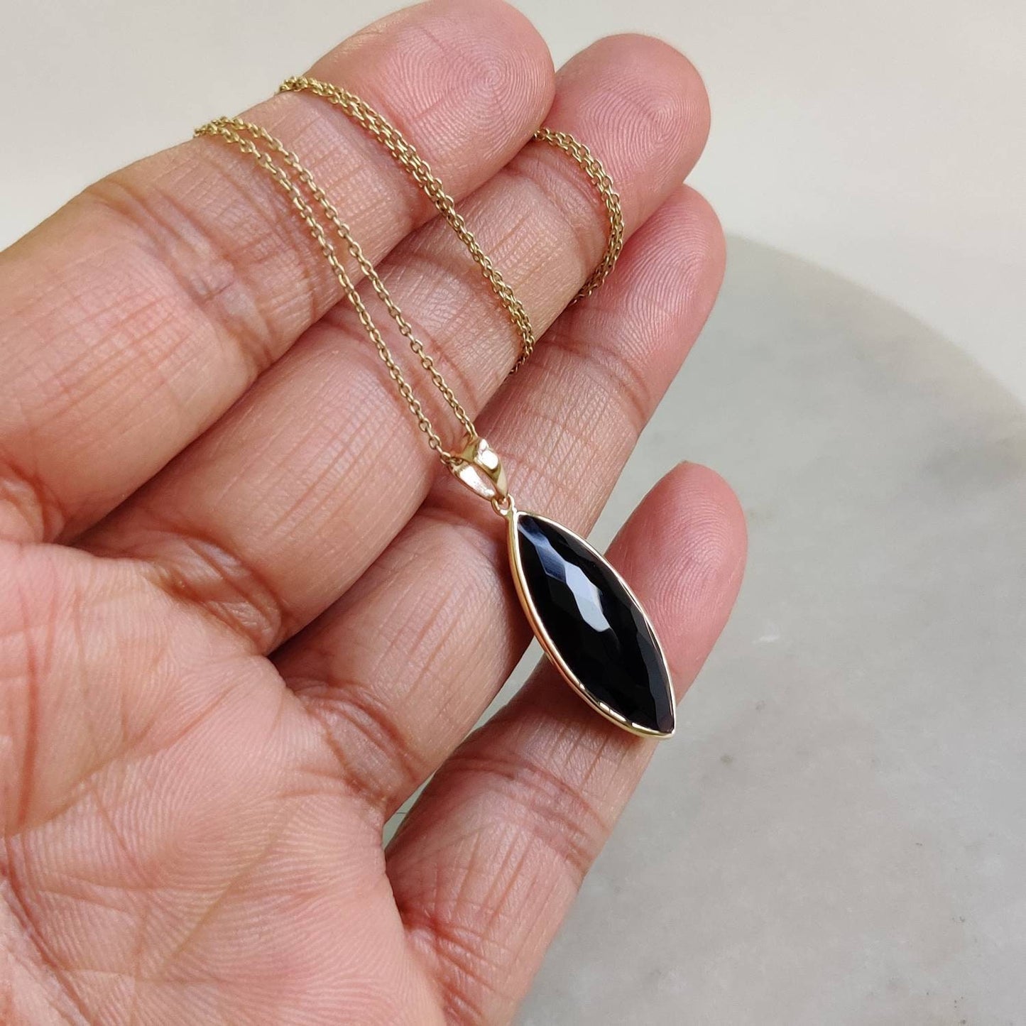 Natural Black Onyx Pendant, 14K Solid Gold Black Onyx Pendant, December Birthstone, Marquoise Pendant, Christmas Gift, Bezel Pendant