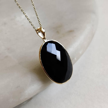 Natural Black Onyx Pendant, 14K Solid Yellow Gold Black Onyx Pendant, Oval Pendant, December Birthstone, Bezel Pendant, Christmas Gift