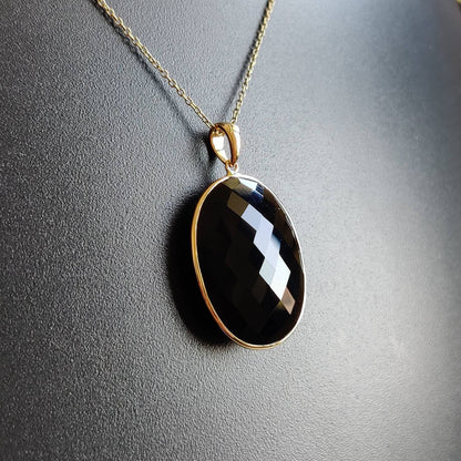 Natural Black Onyx Pendant, 14K Solid Yellow Gold Black Onyx Pendant, Oval Pendant, December Birthstone, Bezel Pendant, Christmas Gift